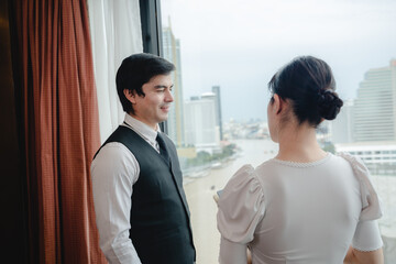 business partner meeting concept, businessman and woman talking together in work office