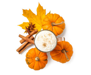 Glass cup of tasty pumpkin latte on white background