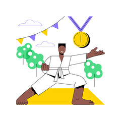 Karate camp abstract concept vector illustration. Karate summer camp, vacation program, holiday activity, kids club, fighting sport section, martial arts children competition abstract metaphor.