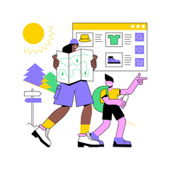 Summer hiking abstract concept vector illustration. Hiking in heat, summer trekking, active vacation, buy boots and outfit, natural park trails, guide service, backpacker abstract metaphor.
