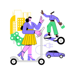 Personal electric transport abstract concept vector illustration. Electric scooter rental, two wheels, portable light vehicle, personal green transport, urban transportation abstract metaphor.