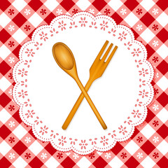 Kitchen tools, wooden spoon and fork, lace doily place mat, picnic tablecloth, vector includes red tablecloth pattern swatch that will seamlessly fill any shape 	