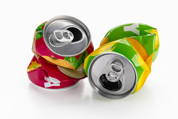 Two squeezed soda cans isolated on a white background. Recycling and recycling concept.