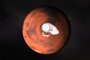 Mars planet of solar system North Pole in the space. Ice hat of water on Mars. 3D render illustration. Elements of this image were furnished by NASA