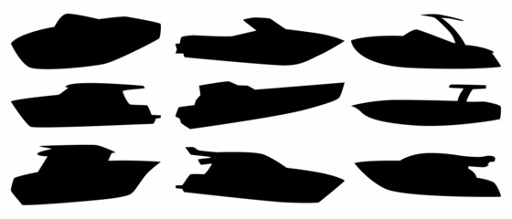 A set of nine silhouettes of motor boats. - obrazy, fototapety, plakaty