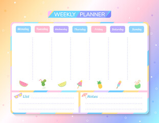 Summer Weekly Planner Template colorful pastel backgroud color