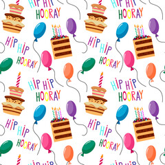 Festive pattern with letters - hip hip hooray,, cake, candles and balloons. Vector illustration. For use in packaging, gifts, covers, brochures and flyers, birthday and childrens parties.