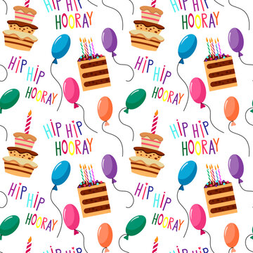 Festive pattern with letters - hip hip hooray,, cake, candles and balloons. Vector illustration. For use in packaging, gifts, covers, brochures and flyers, birthday and childrens parties.