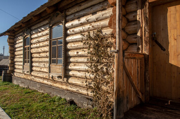 A fragment of a wooden hut made of round logs in a village in Siberia