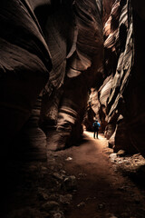A Shaft of Sunlight Illuminates Hiker In Slot Canyon