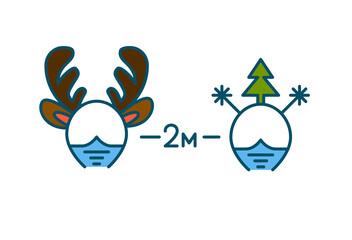 Christmas party social distancing warning poster with fun headbands. Measures to stop covid pandemic spread. Pixel perfect, editable stroke icons