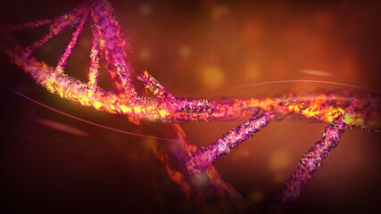 DNA strand structure destruction close-up, 3D render.