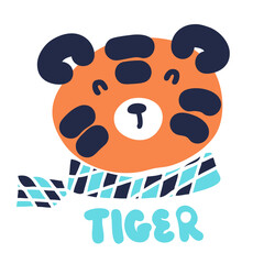 Hand drawn winter tiger in a checkered scarf. Perfect for T-shirt, poster, textile, print and greeting card. Vector illustration for decor and design.
