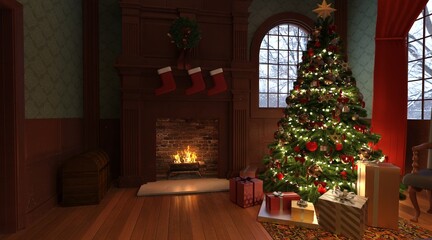 Fototapeta na wymiar Christmas room vintage style interior 3d illustration