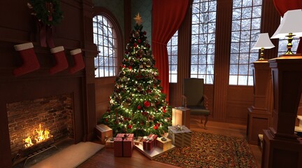 Fototapeta na wymiar Christmas room vintage style interior 3d illustration
