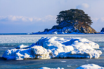 Far Eastern Marine Reserve in winter. View from above. The Island of the Tormented Heart in the...