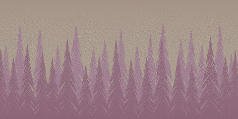 Abstract forest background with fir trees and interesting texture in pink and crimson tones, nature, landscape. Evergreen coniferous trees. Vector silhouettes of trees.