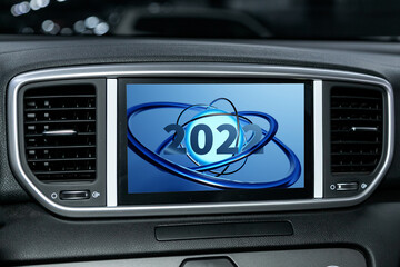 Fototapeta premium 3D illustration close up Instrument automobile panel with monitor, which says Merry Christmas 2022. The concept of the new year and Christmas in the automotive field.
