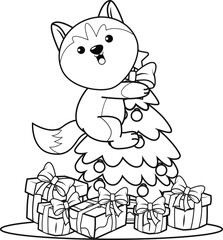 Christmas colouring book with cute husky