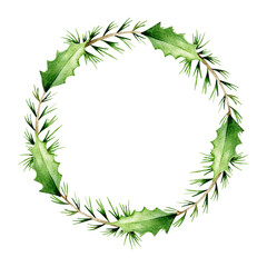 Simple Christmas wreath of fir-tree branches and holly leaves isolated on a white background. New year holidays, christmas, new year