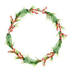 Watercolor Christmas wreath. Hand-drawn Christmas tree branches, red berries isolated on white background. Simple wreath.