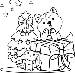 Christmas colouring book with cute husky