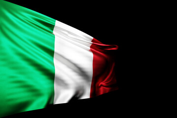 Obraz premium 3D illustration of the national flag of Italy. on a metal flagpole fluttering against the black isolated background. Country symbol.