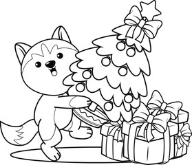 Christmas colouring book with cute husky