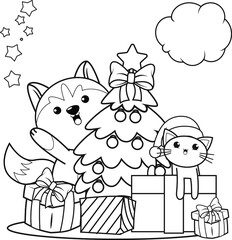 Christmas colouring book with cute husky