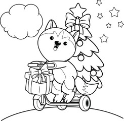 Christmas colouring book with cute husky