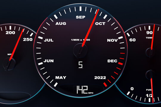 3D illustration close up black speedometer with cutoffs 2022 and calendar months. The concept of the new year and Christmas in the automotive field. Counting months, time until the new year.
