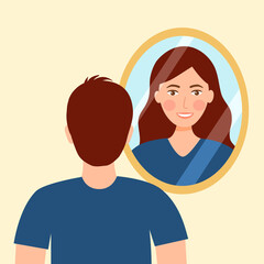 Man transgender looking in the mirror and seeing woman in flat design. Gender identity.