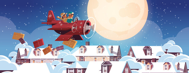 elves flying airplane with gifts merry christmas happy new year winter holidays celebration concept horizontal full length greeting card vector illustration