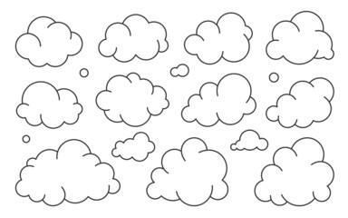 Cloud black line set. Climate weather cloudy icon. Blank form web storage meteorology database. Cartoon sign simple news dialogue banner. Fill sticker image software thin stroke isolated on white