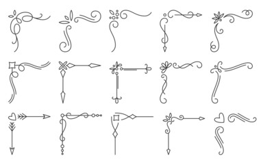 Corner frame retro black line set. Border filigree decor engraving site object text postcard. Elegant decoration book cover invitation. Calligraphic vintage symbol rich icon vector isolated on white