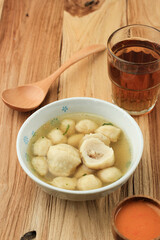 Cilok Kuah with Chilli Chopped Inside, Spicy Meatball Cilok in a Blue Bowl