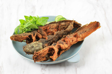 Lele Goreng or Fried Catfish is Traditional Indonesian Culinary Food. Catfish and Chilli Tomato Paste, Popular Street Food Called Pecel Lele Lamongan or Penyetan Lele