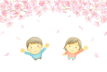 桜を見上げる子どもたちの水彩イラスト　お花見　ベクター

