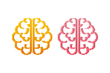 Pixel art vector pink and yellow brain on white background. Vector stock illustration