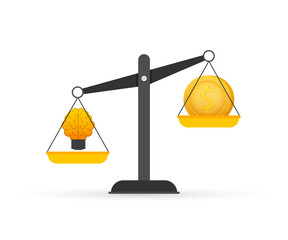 Light bulb idea and money on scales. Vector stock illustration