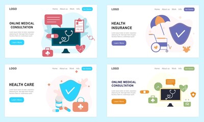 Set of landing page templates for online healthcare, heart medication, health insurance, medical drugs, online medical consultation. Doctor, pharmacy, therapist for website, UI, mobile application.
