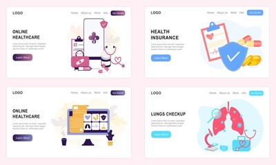 Set of landing page templates for online healthcare, lungs checkup, health insurance, medical drugs, online medical consultation. Doctor, pharmacy, clinic, therapist for website, UI mobile application