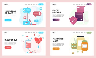 Set of landing page templates for online healthcare, blood donor, health insurance, medical drugs, online medical consultation. Doctor, pharmacy, clinic, therapist for website, UI mobile application.