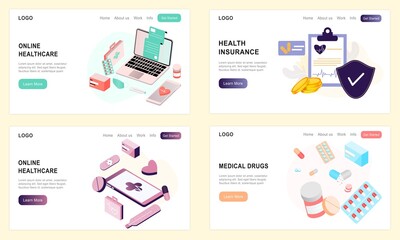 Set of landing page templates for online healthcare, prescription, health insurance, medical drugs, online medical consultation. Doctor, pharmacy, clinic, therapist for website, UI mobile application.