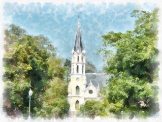 Fototapeta na wymiar yellow gothic church in the forest watercolor style illustration impressionist painting.
