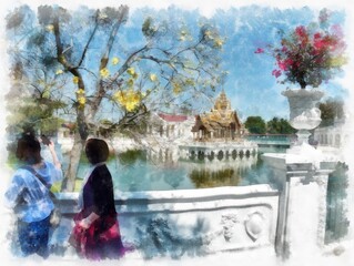 Fototapeta na wymiar Bang Pa-In Palace in Thailand watercolor style illustration impressionist painting.