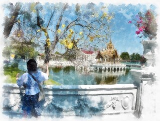 Fototapeta na wymiar Bang Pa-In Palace in Thailand watercolor style illustration impressionist painting.