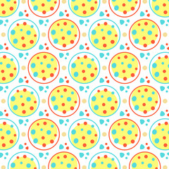 Multicolored circles on a white background. Cheerful vector pattern made up of yellow circles and paths.