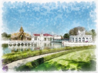 Naklejka premium Bang Pa-In Palace in Thailand watercolor style illustration impressionist painting.
