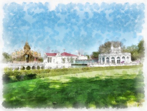 Bang Pa-In Palace in Thailand watercolor style illustration impressionist painting.